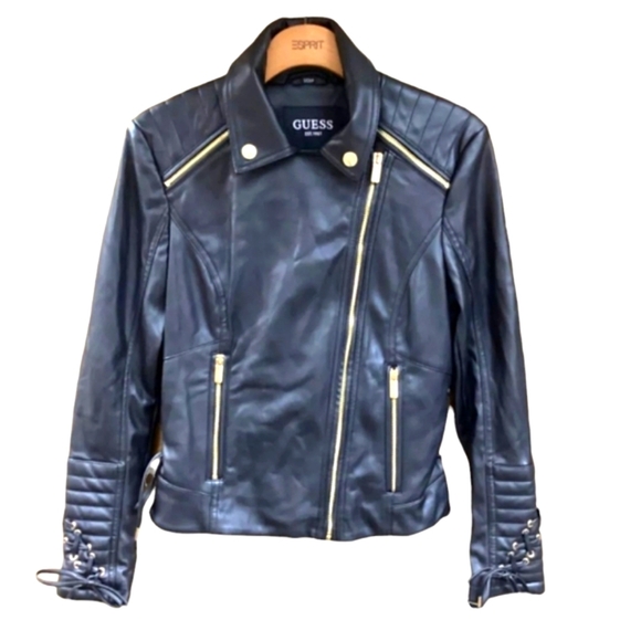 3X GUESS Black and Gold Vegan Leather Zippered Moto Jacket - Picture 5 of 6